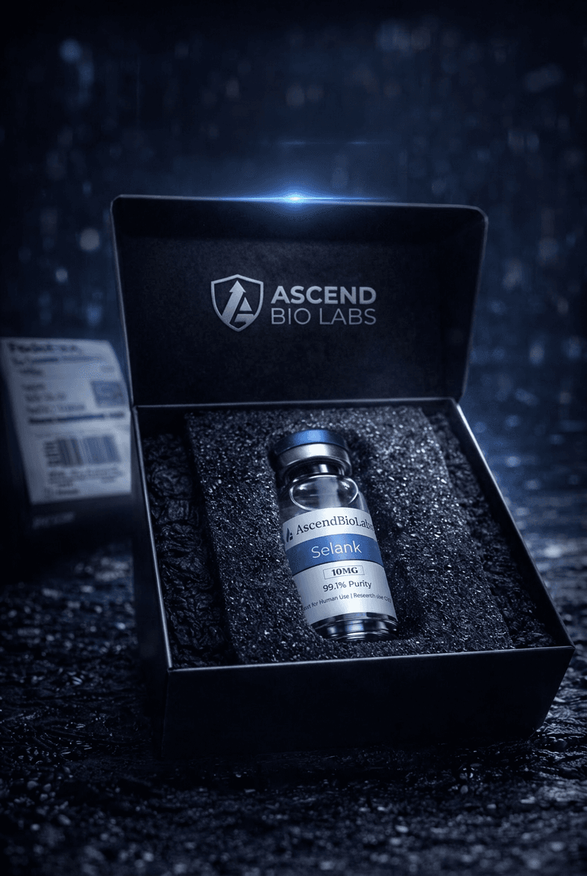 Ascend Bio Labs research peptide vial in custom debossed black gift box